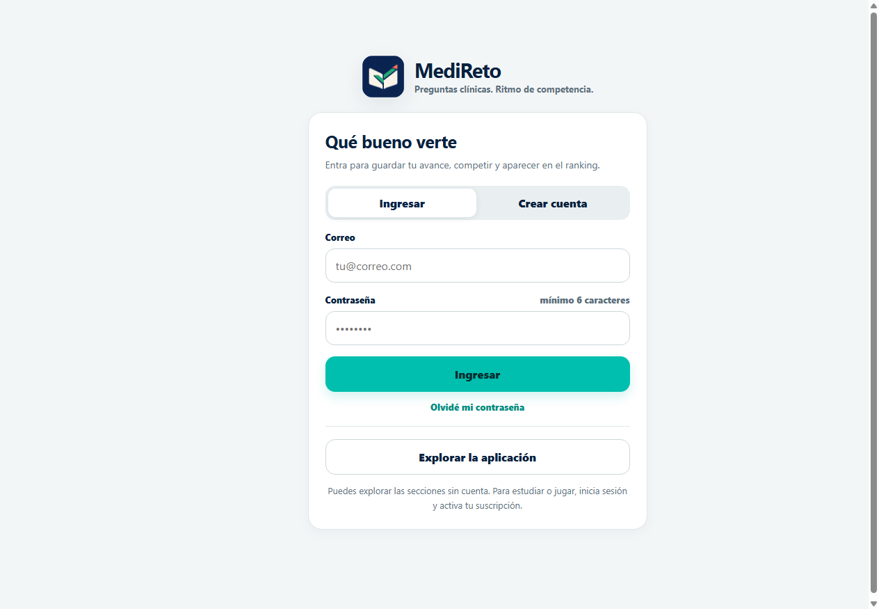 Pantalla real de MediReto con selección de bancos, especialidades y modo de sesión