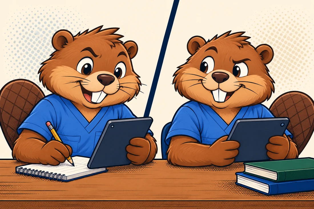 Dos versiones de Qastor representan a estudiantes resolviendo un reto amistoso